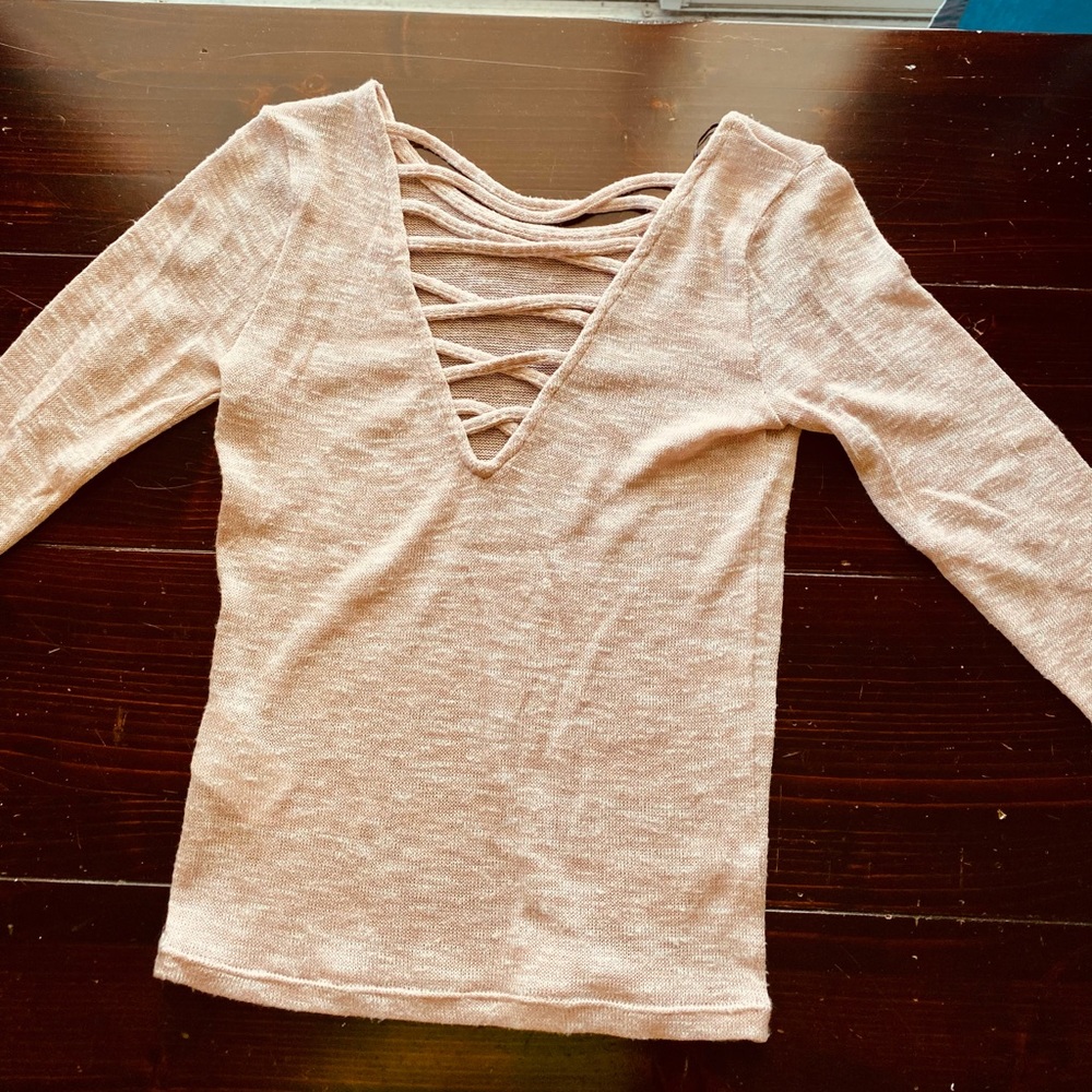 Lace Up Light Pink Long-Sleeve Tee